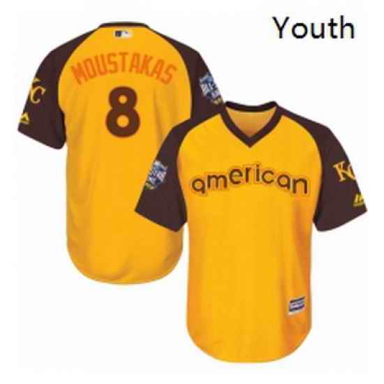 Youth Majestic Kansas City Royals 8 Mike Moustakas Authentic Yellow 2016 All Star American League BP Cool Base MLB Jersey